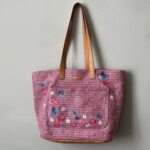 Vera Bradley Tote Front Pocket Straw Cherry Watermelon Woven Embroidery Lined